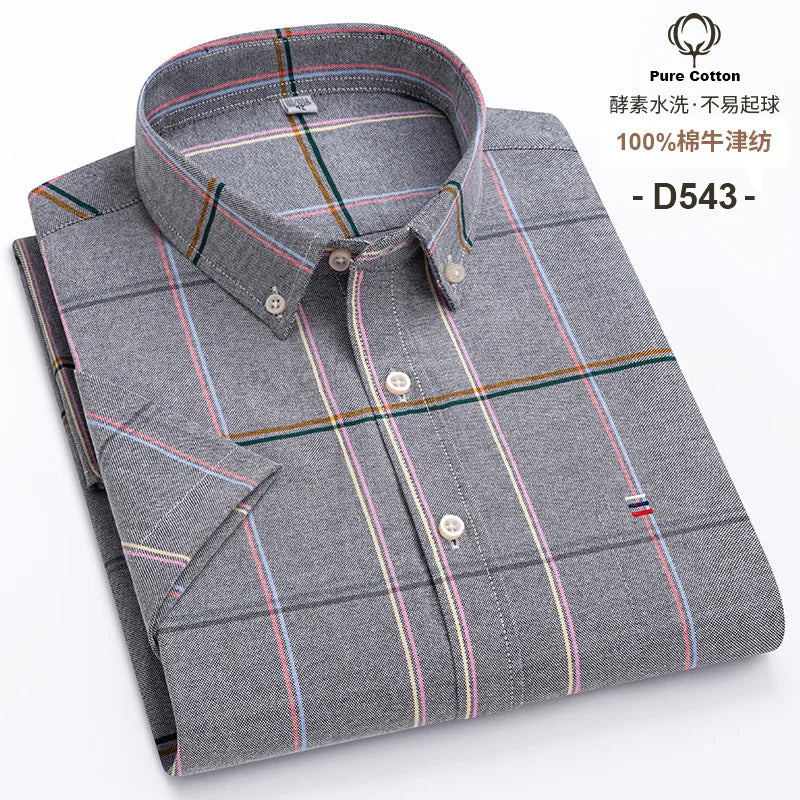 7XL Classic Men's Short Sleeve Shirt 100% Oxford Cotton Casual Plaid Stripe Shirt Business Men's Shirts Short Sleeve Large Size