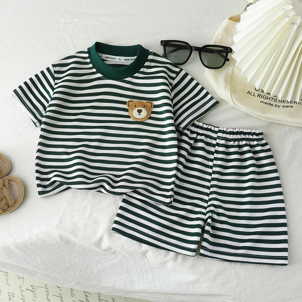 1Set Kid Clother Set Children Black White Stripe Print Short Sleeve T-Shirt Shorts Boy Girl Top Toddler Baby Leisure Sport Suits