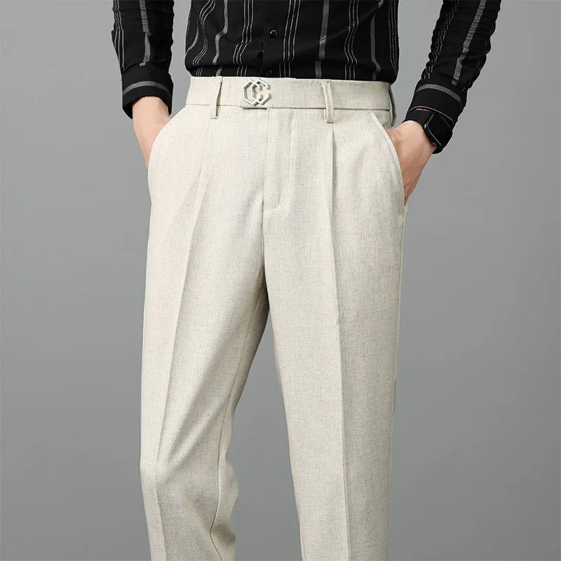 Pleated Thick Men Linen Pants Formal Clothes For Men Suits Pants High Quality 2025 Slim Fit British Business Dress Trousers male