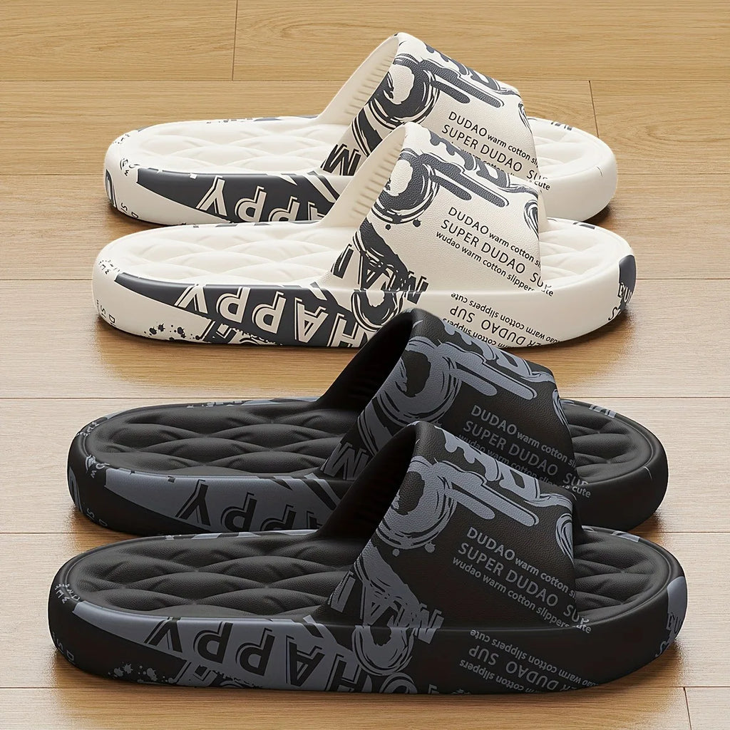 Trendy EVA Graffiti Slides for Men and Women Soft Comfortable Black White Design Playful Patterns Casual Home Outdoor Wear