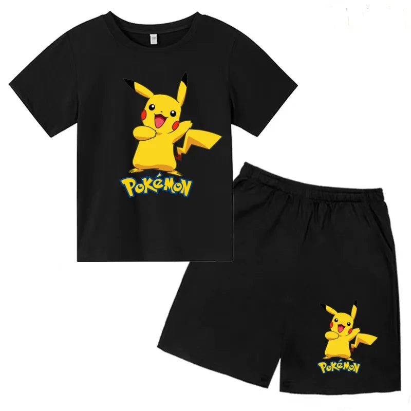 Children's T-shirt Cool Summer Anime Pikachu Print Boys Girls 3-12Years Pokemon Clothing Cartoon Short-sleeved+Shorts Casual Set