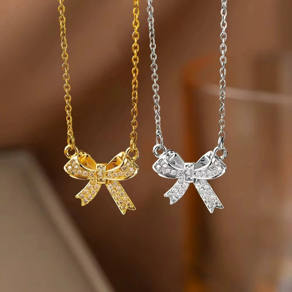 FTCY Exquisite Copper Inlaid Zirconia Bow Pendant Necklace For Women Fashion Simple  Stainless Steel Clavicle Chain Jewelry Gift