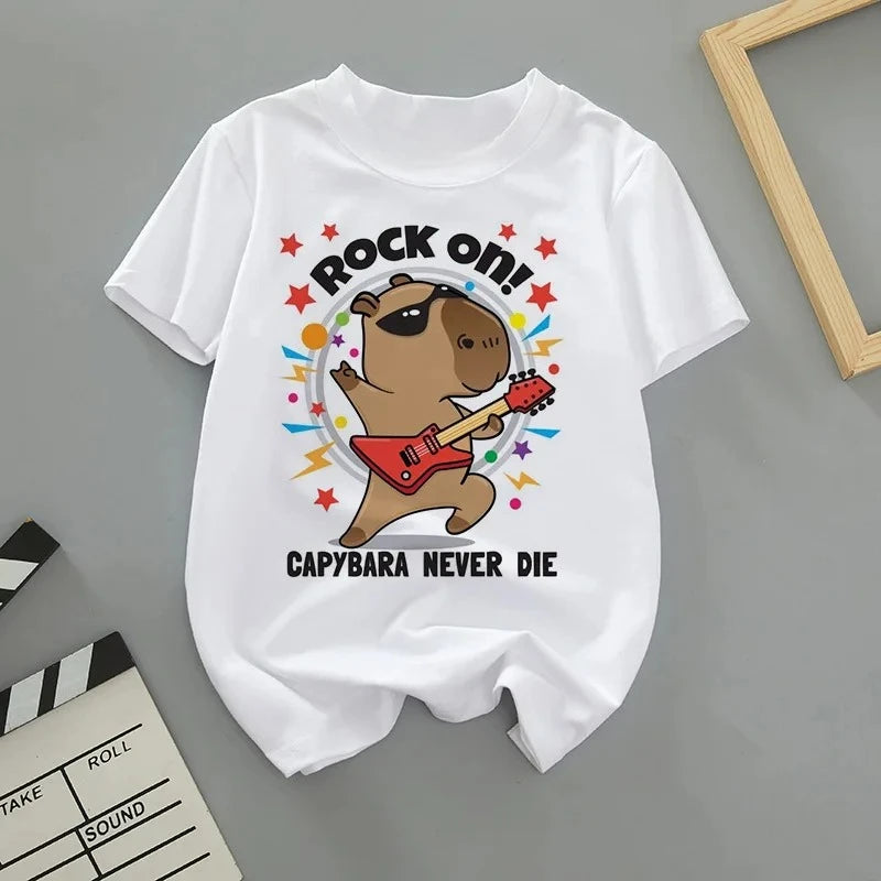 Summer Cartoon Cute Capybara Print Children T-shirt Short-sleeved Fashion Boys and Girls Round-neck Baby Kid Tshirt Trend