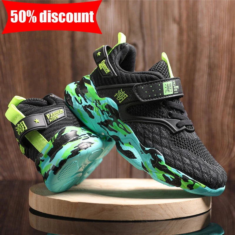 Childrens Sports Shoes Street Fashion Comfortable Walking Soft Soled Casual Shoes Boys Breathable Mesh Tennis Training Shoes