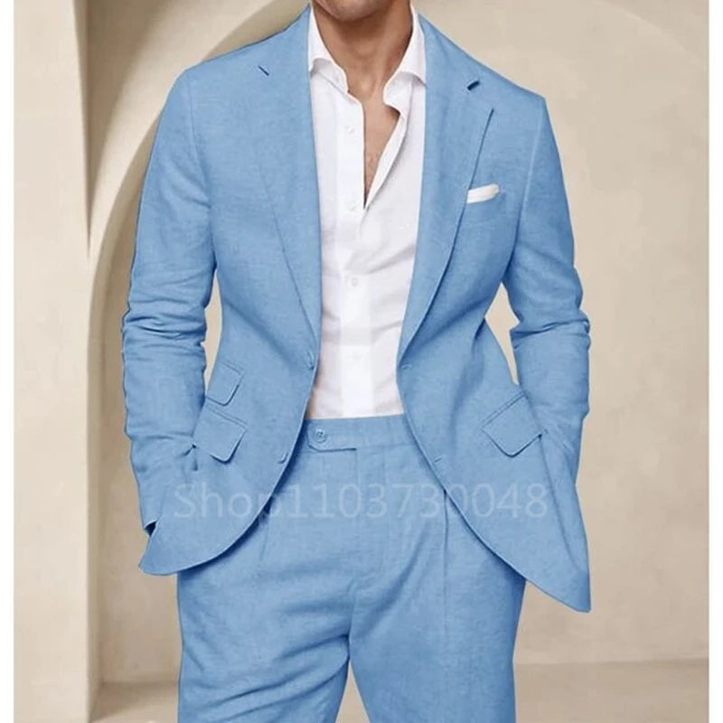 Blue Linen Wedding Suits for Party Prom Slim Fit Casual Men Suit Notched Lapel Jacket with Pants 2 Pieces Set for Summer Beach