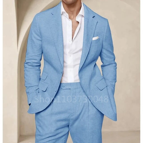 Blue Linen Wedding Suits for Party Prom Slim Fit Casual Men Suit Notched Lapel Jacket with Pants 2 Pieces Set for Summer Beach