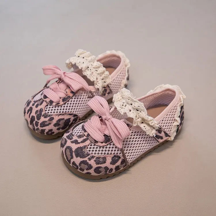 Girls Leopard Print Mesh Shoes Fashion Casual Sneakers Sweet Lace Trim Mesh Sneakers Adjustable Strap Summer Breathable Footwear