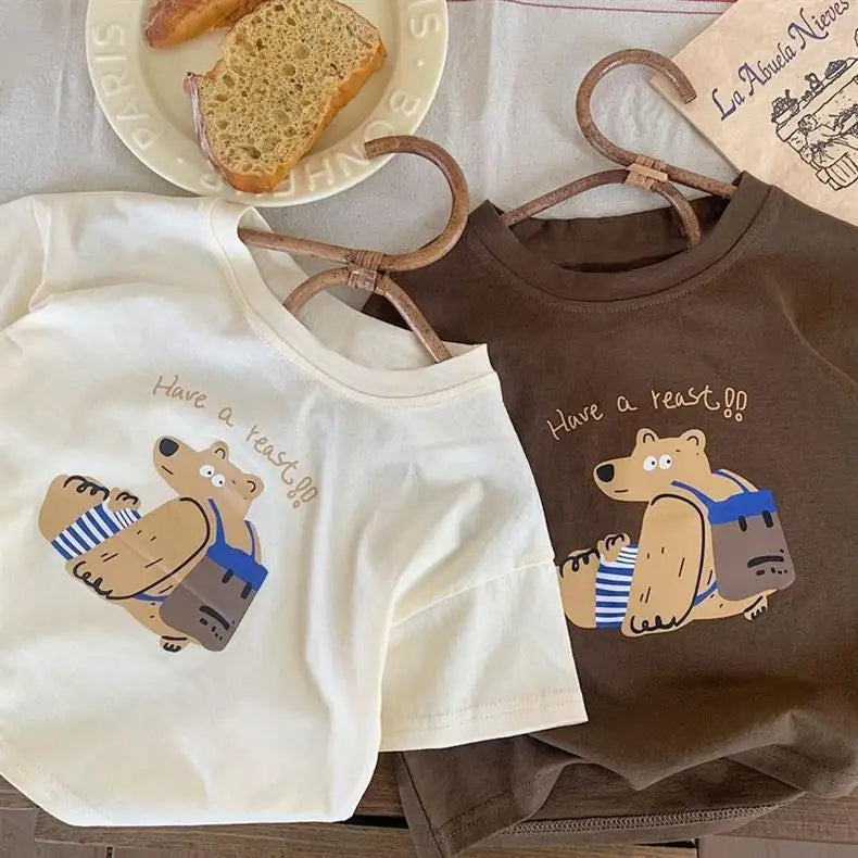 Fashion Casual Kids Short Sleeved Tops Boys T-shirts 2025 New Summer Clothing Loose O-neck Children's T Shirt Printed Bear