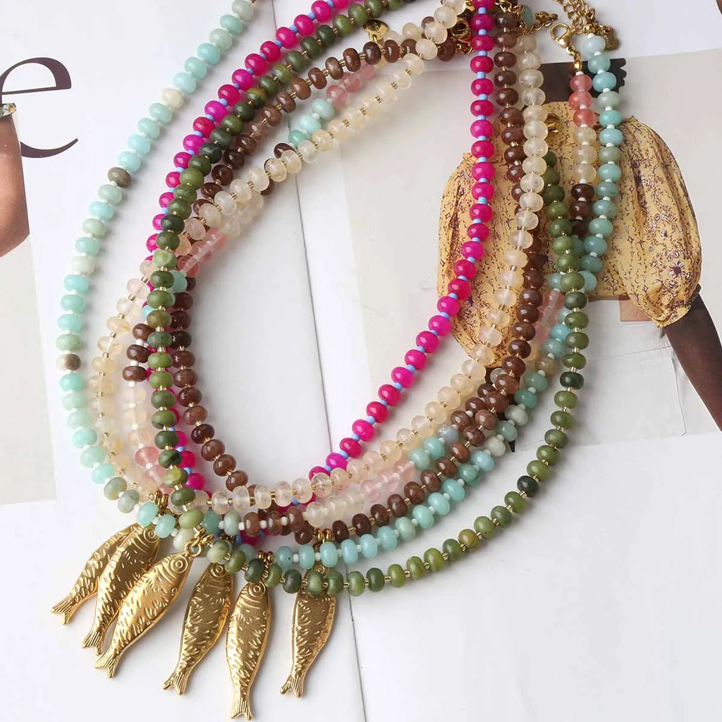 Trendy 4 Designs Stainless Steel Gold Plated Fish Turtle Pendant Stone Necklace for Women Waterproof Beach Party Jewelry Summer