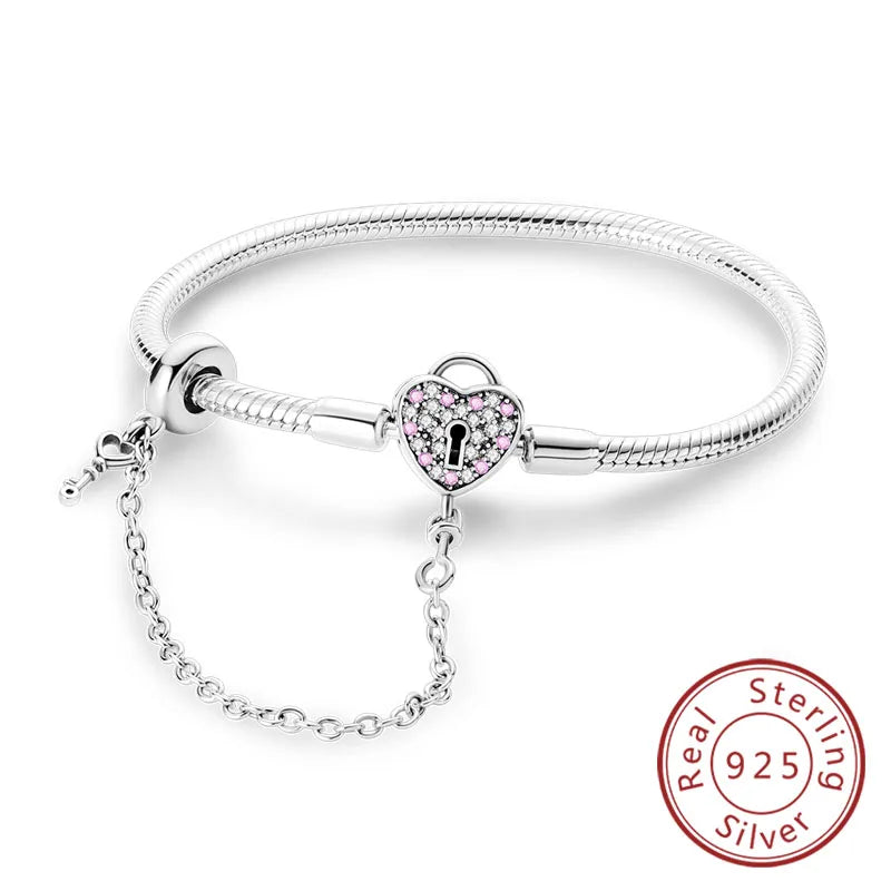 Bracelet 17-20CM Love Heart Original 925 Sterling Silver Charm Bracelet Pave Zirconia Bracelet for Women DIY Charm Jewelry Gifts