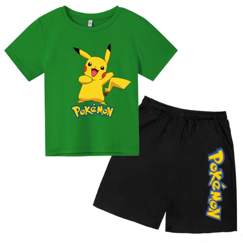Children's T-shirt Cool Summer Anime Pikachu Print Boys Girls 3-12Years Pokemon Clothing Cartoon Short-sleeved+Shorts Casual Set