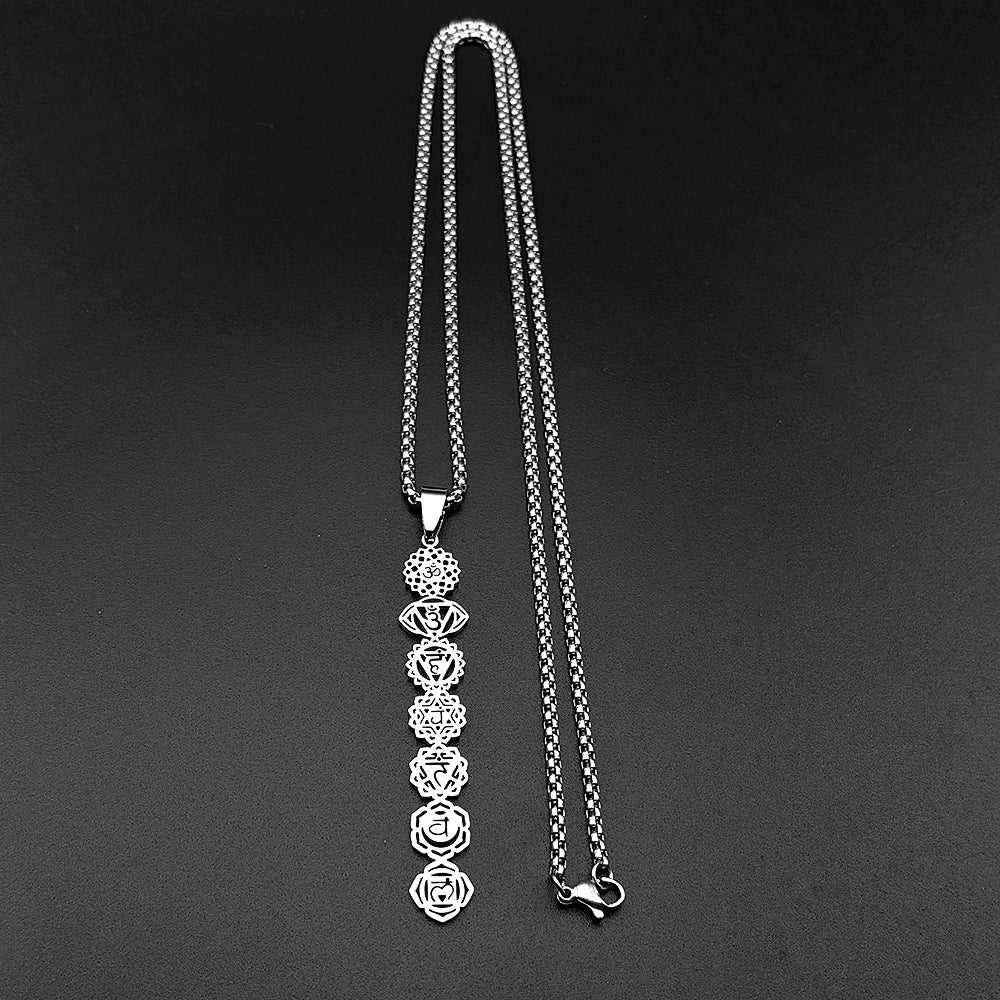 Yoga 7 Chakra Flower Om Symbol Sanskrit Pendant Necklace for Women Stainless Steel Gold Color Reiki Healing Amulet Jewelry Gift