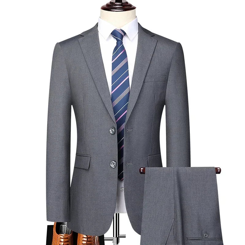 Solid Color Suit Men Fashion Business Outdoor Gentleman Trend Solid Color Casual Slim-fit Wedding Host Gentleman (Blazer+Pants)