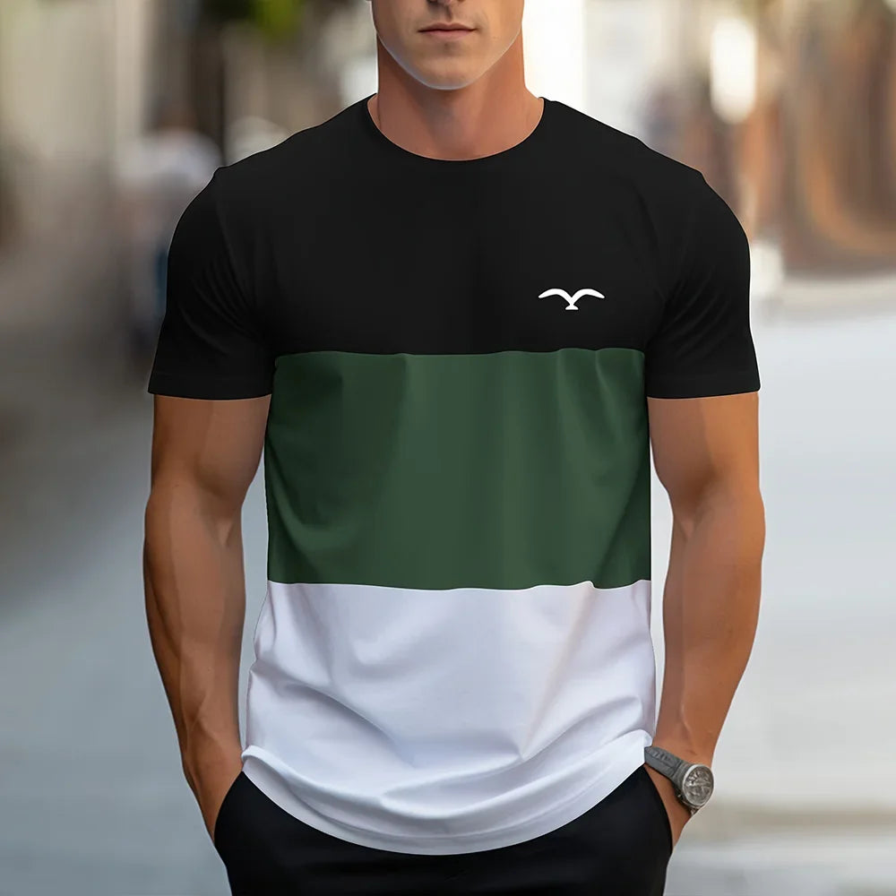 Fashion Splicing Stripes Print T Shirt For Men Casual O-neck Short Sleeve Pullover Summer Breathable Loose Tops Street Trend Tee