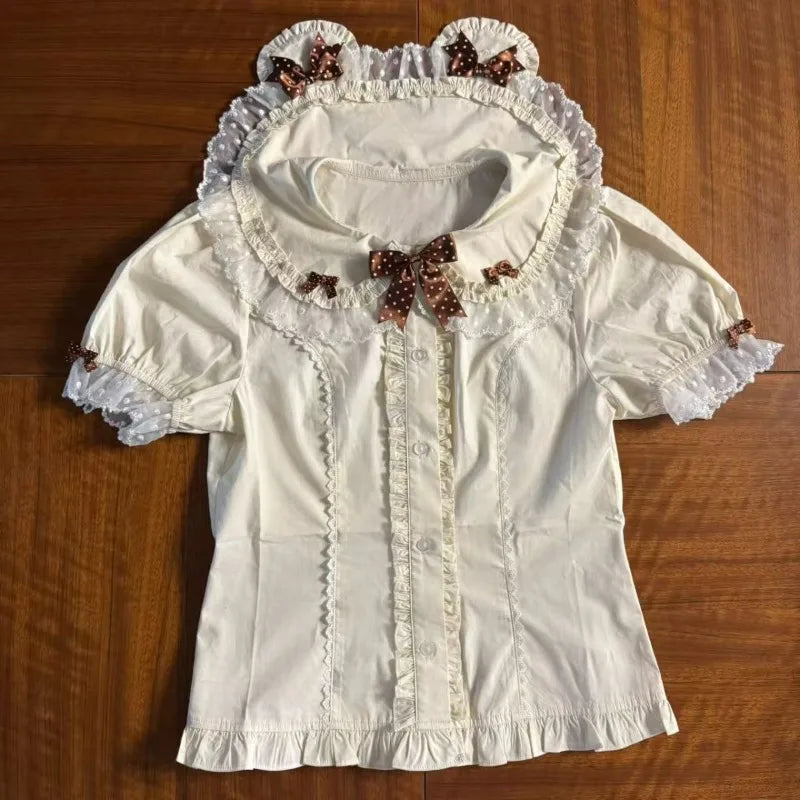 Matakawa Ruffles Blouses Spring Summer Japanese Style Puff Sleeve Fashion Women Shirts Retro Sweet Peter Pan Collar Blusas Mujer