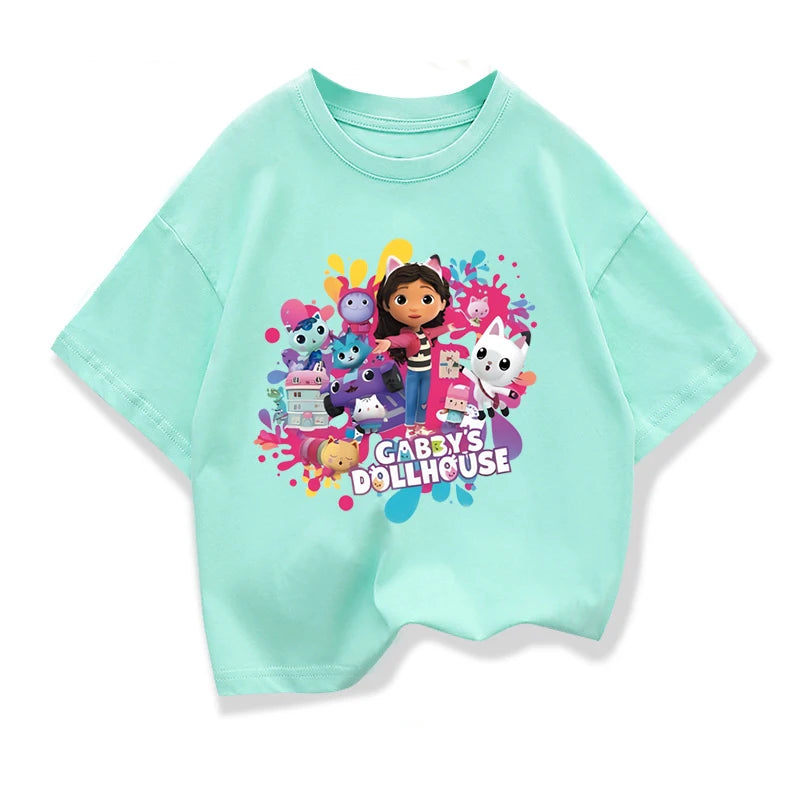 Summer Tee Girls Short Sleeve Tops Kawaii Gabbys Dollhouse T-shirt for Baby Girls Gabby Cats T Shirts Kids  Children Clothing