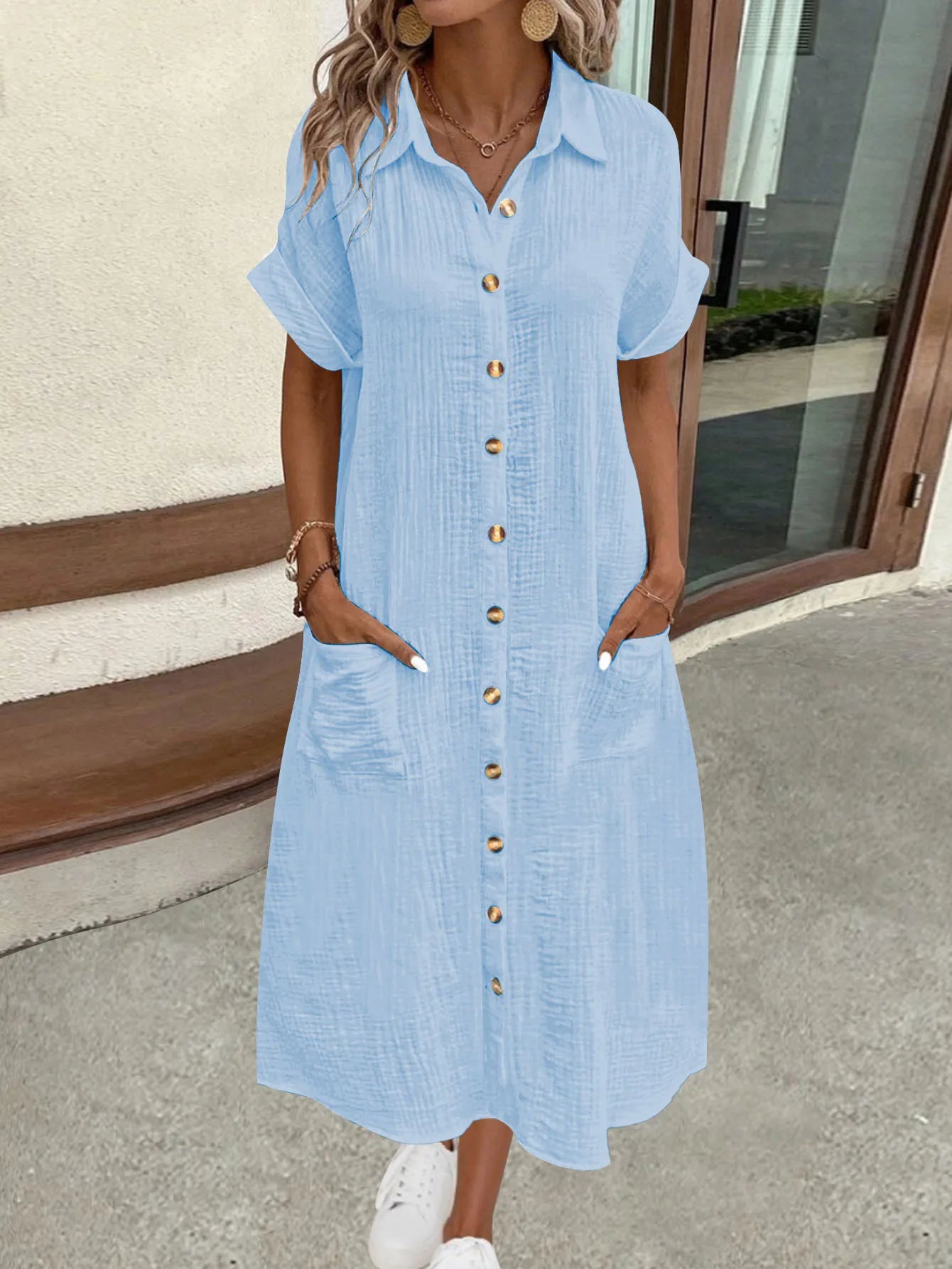 New European and American solid color shirt skirt spring and summer fashionable and comfortable women's short-sleeved long shirt