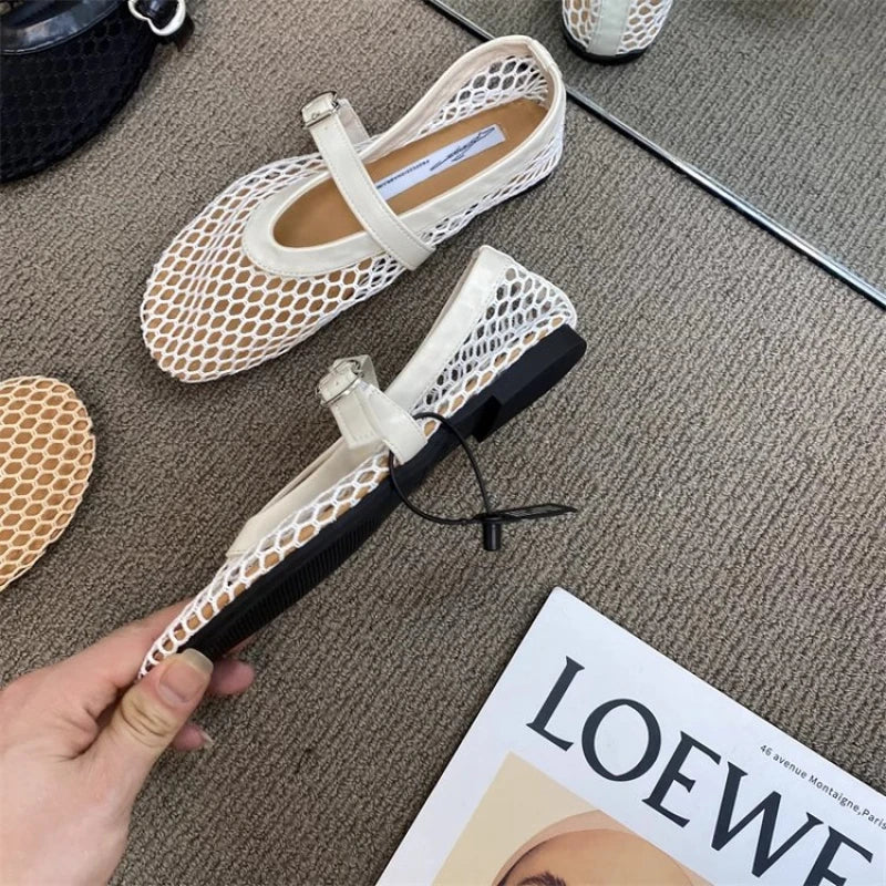2026 New Hollow Mesh Women's Flat Ballet Shoes - Casual Fashion Versatile Breathable Fishnet Sandals