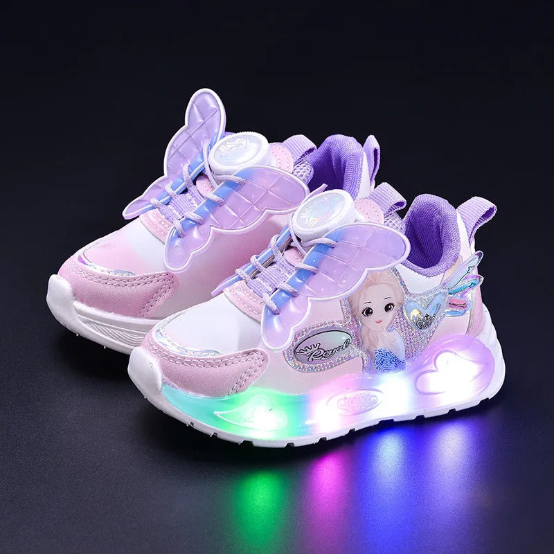 Glowing Cartoon Princess Sports Shoes for Girls Rotating Buckle Lighting up Casual Shoes Spring New Arrival for Kids