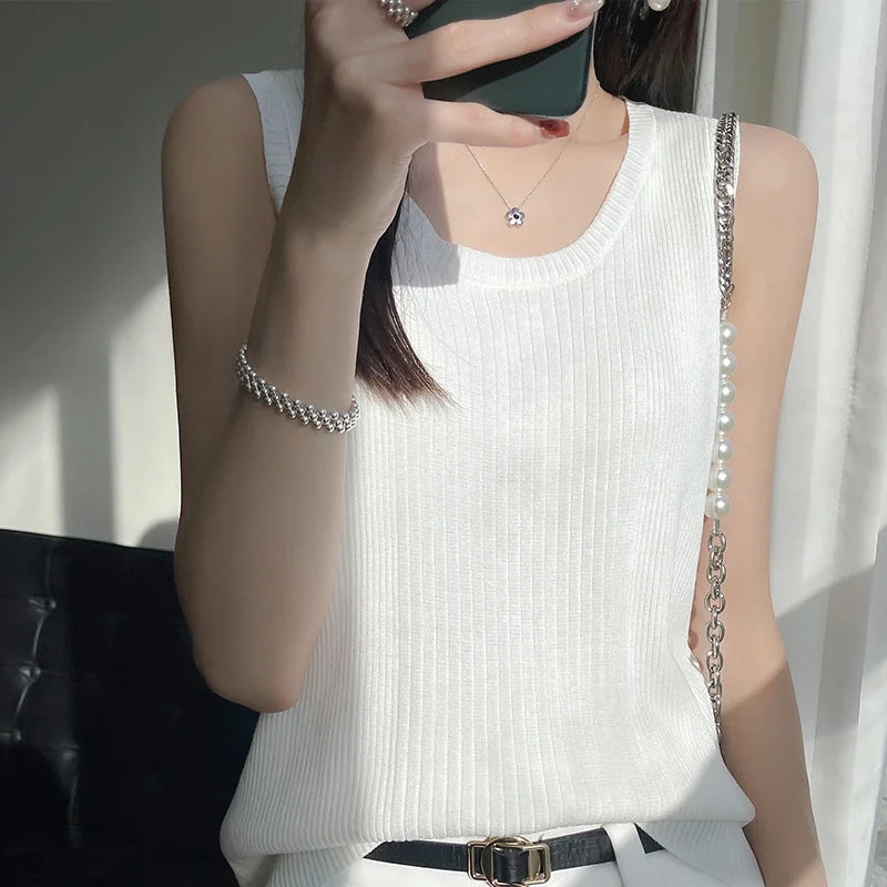 100% pure wool ice silk black-and-white striped knit sling women's round neck sleeveless top slim joker vest in summer