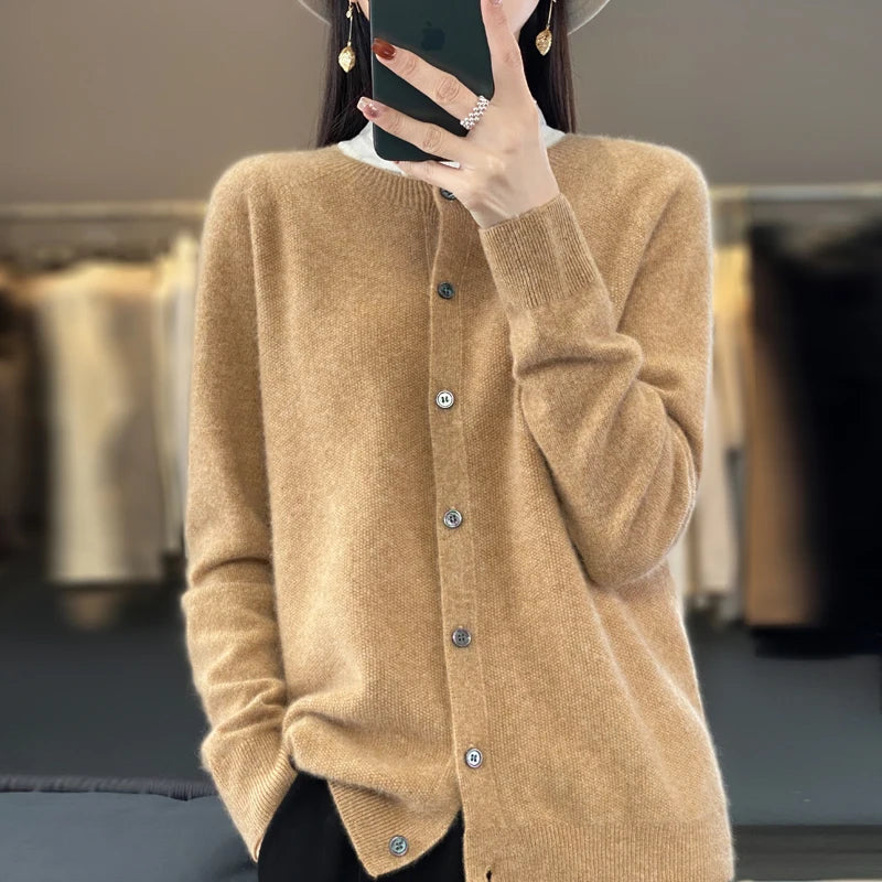 Fashion Women 100% Merino Wool Cardigans Cashmere Sweater Autumn Winter O-neck Long Sleeve Knitwear Female Basic Clothing Tops