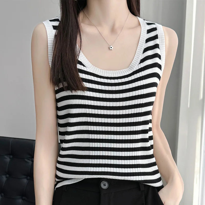 100% pure wool ice silk black-and-white striped knit sling women's round neck sleeveless top slim joker vest in summer
