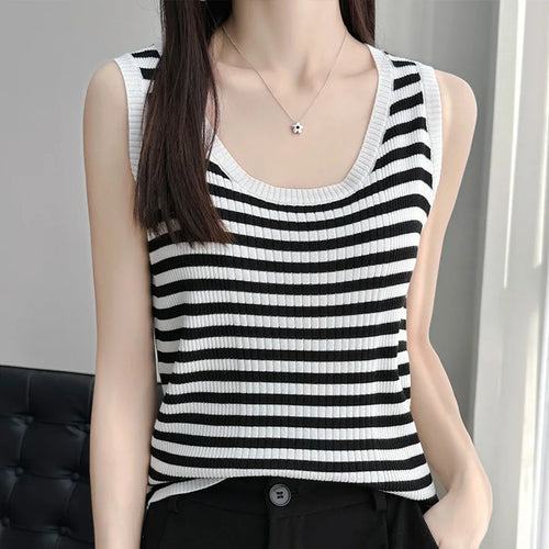 100% pure wool ice silk black-and-white striped knit sling women's round neck sleeveless top slim joker vest in summer