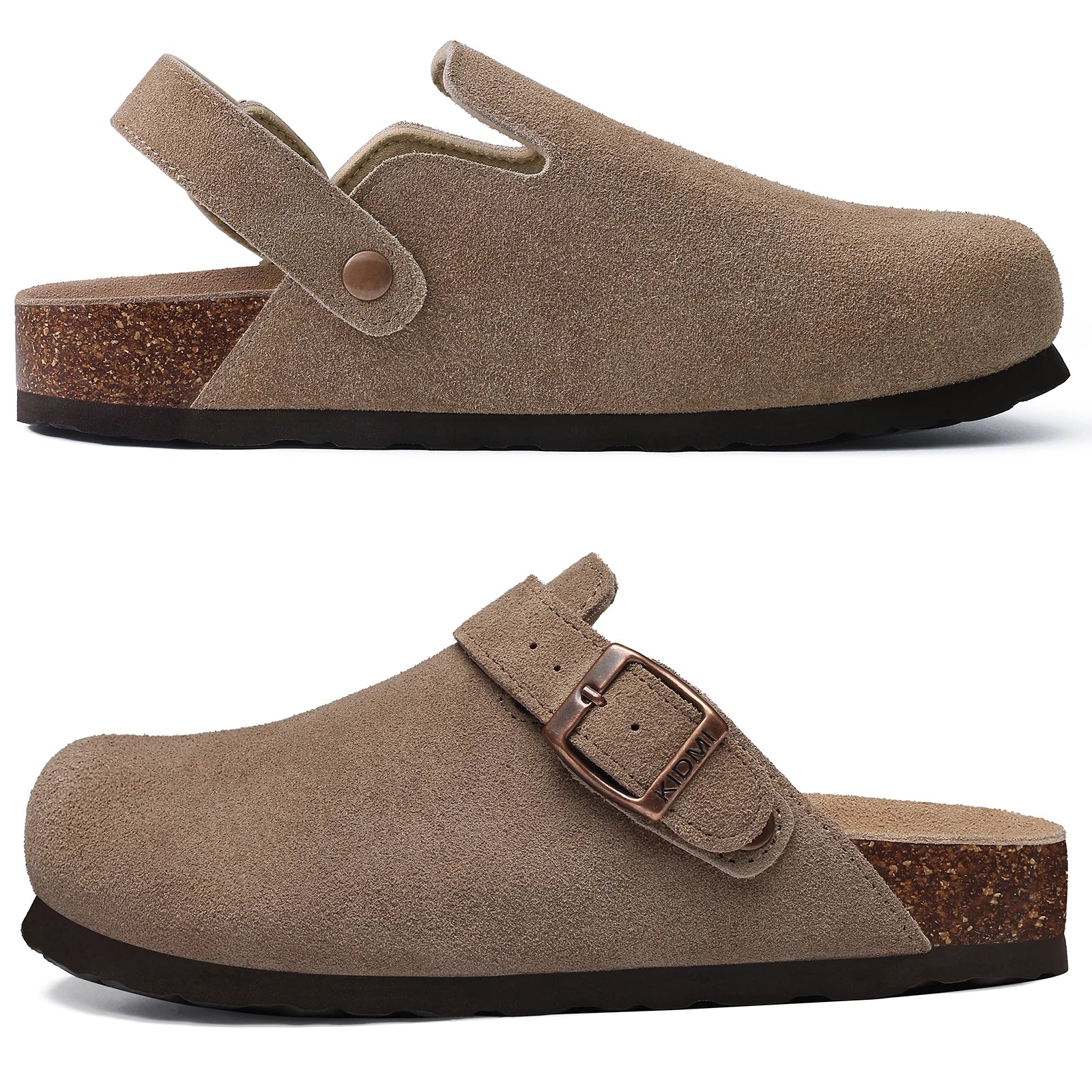 Shevalues Women Cow Suede Clogs With Adjustable Buckle Cork Leather Mules Comfortable Slip on Women Slippers Outdoor Cork Clogs