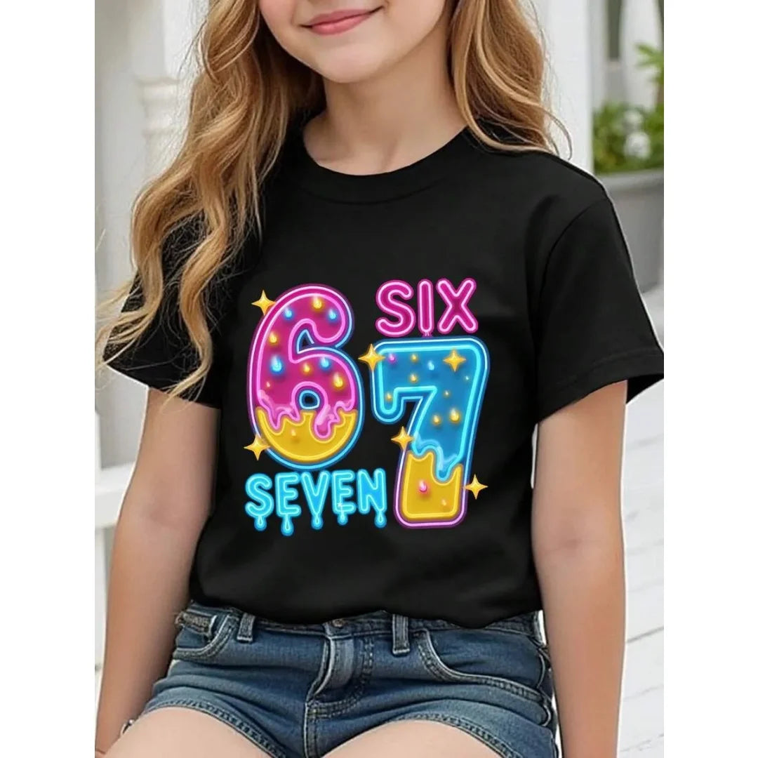Children's 67 Christmas Elf Print Girls Short Sleeve Round Neck Tee Parties Casual Wear Comfort Children Clothes Girl Clothing
