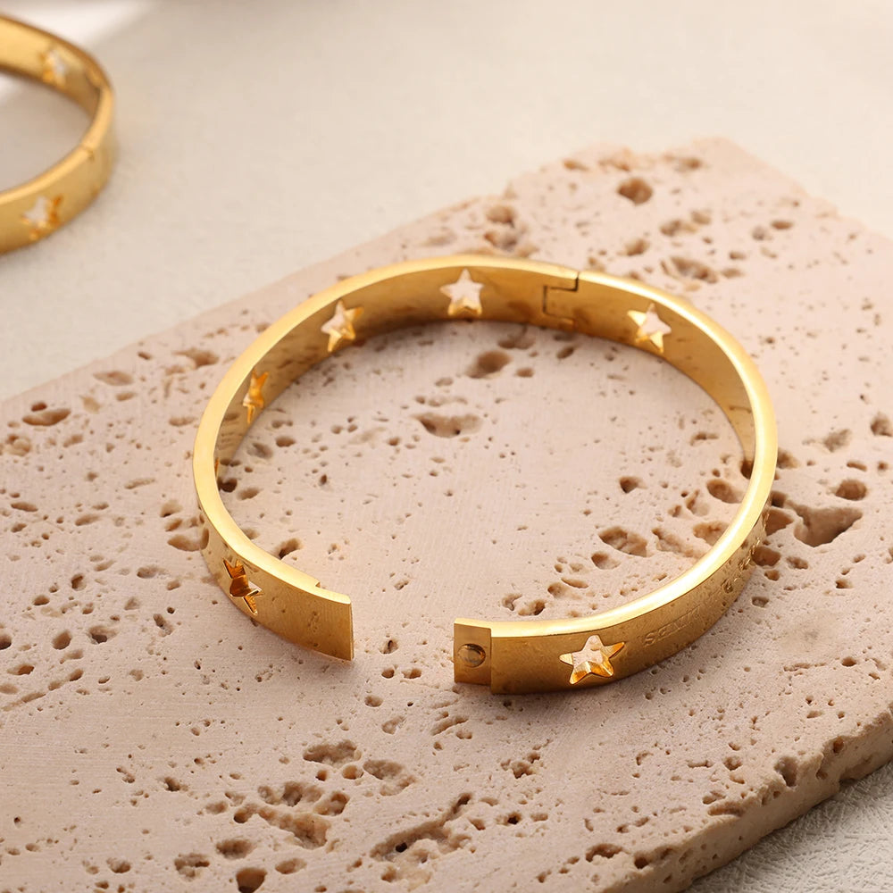 JOVO LOVE Fashion Hollow Stars and Carve Bangle STARS ALL ALIGNED BRACELET SET Stainless Steel Waterproof Jewelry for Women 2025