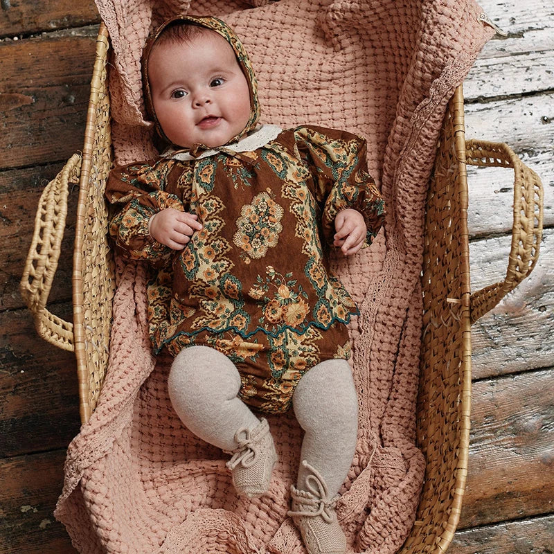 BebeO Baby Girls Long Sleeve Tops Suits Dress Rompers Hats Autumn Summer Retro Pattern Party Dress Kids Clothing Spring Dress