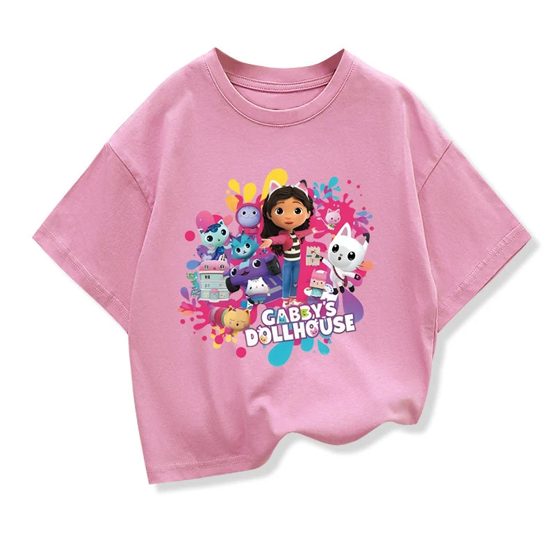 Summer Tee Girls Short Sleeve Tops Kawaii Gabbys Dollhouse T-shirt for Baby Girls Gabby Cats T Shirts Kids  Children Clothing