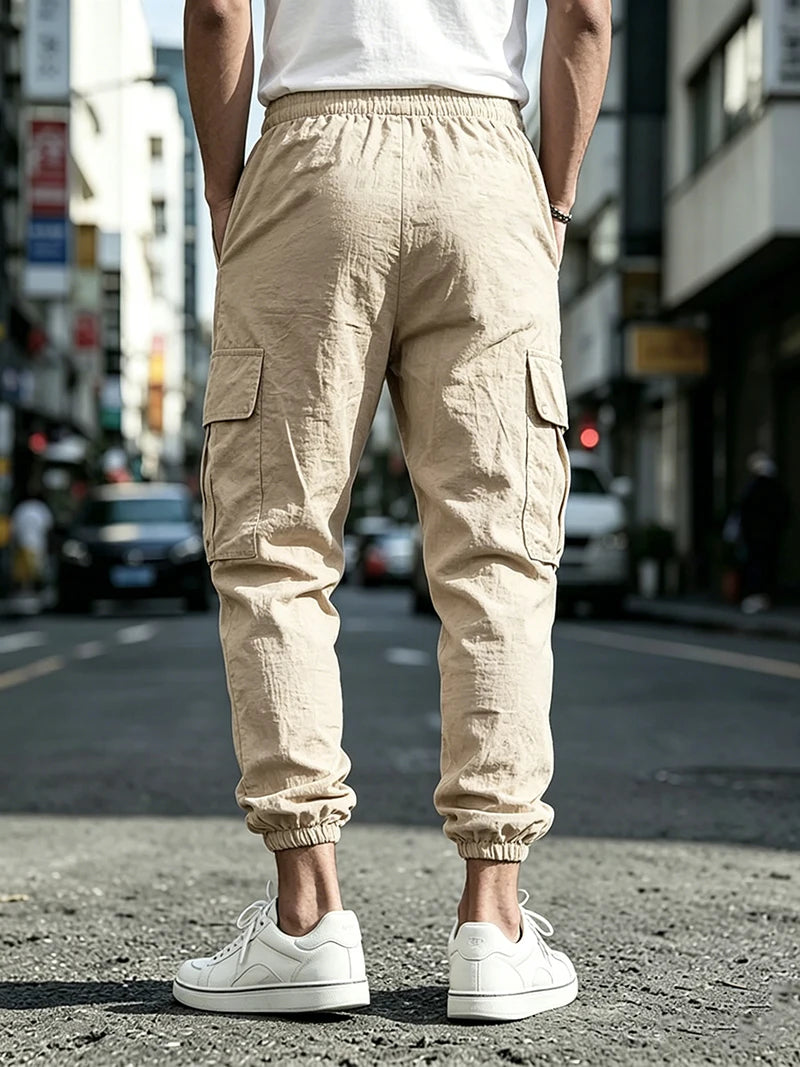 Men's Cotton Linen Cargo Jogger Pants Elastic Waist Drawstring Multi Pockets Casual Breathable Streetwear Trousers for Men