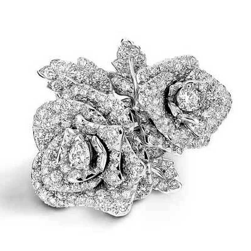 Huitan Noble Lady Party Ring Exquisite Rose Finger Jewelry for Women Exquisite Shiny Zirconia Flower Accessories for Anniversary