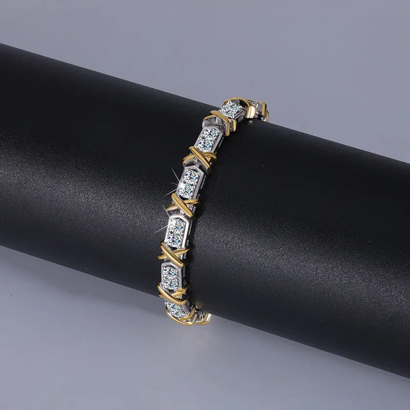 S925 Sterling Silver Tennis Bracelet with Moissanite Fashion Dual-tone Vintage Couple's Jewelry Retro Hand Accessory