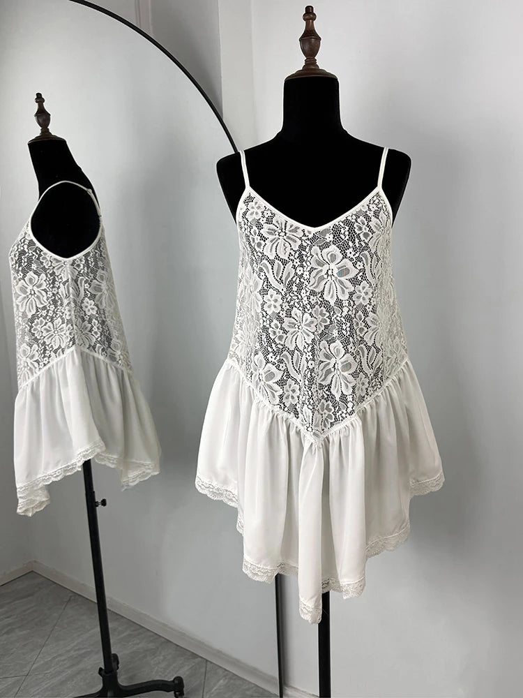 Tornova Lace Splice Sling Vest T shirt Lady Irregular See Through Sexy Top V neck Hot Girl Casual Party Commuting Tanks Fashion