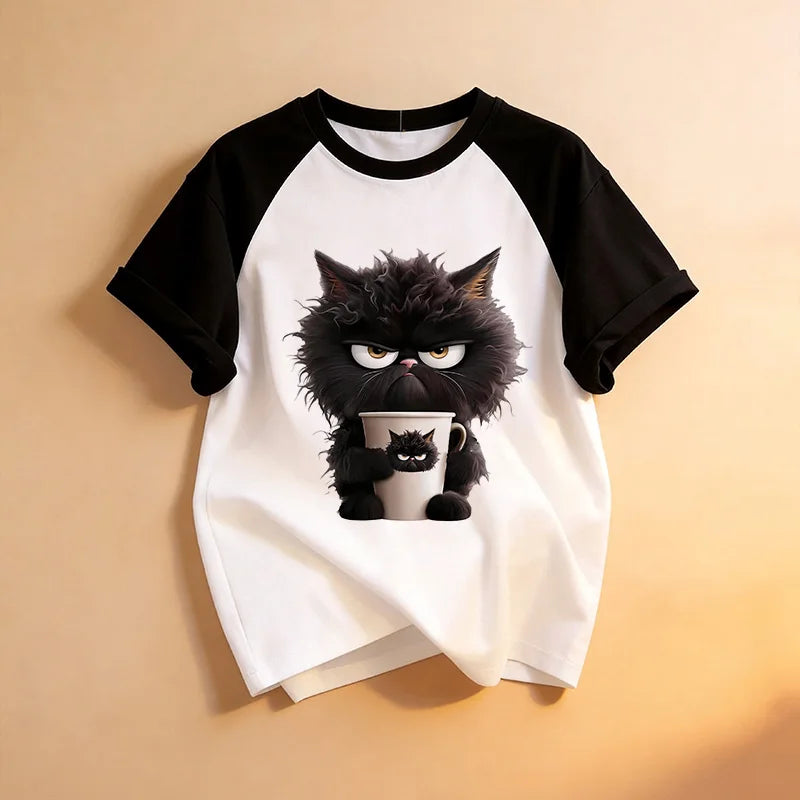 Funny Kawaii T Shirt Retro Black Cat Letter Print Crew Neck T-Shirt Casual Short Sleeve Tops for Spring Summer Women's Clothing