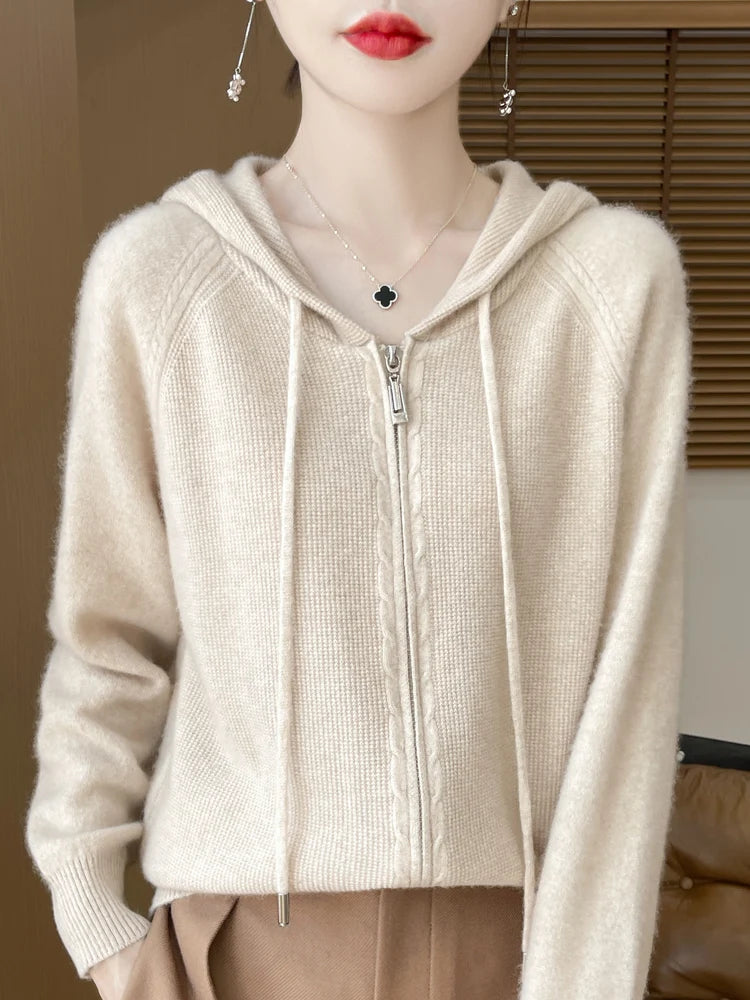 Autumn Winter 100% Merino Wool Sweater Cardigan Women's Hooded Zippers Raglan Sleeve Cashmere Knitwear Casual Chic Clothing Tops
