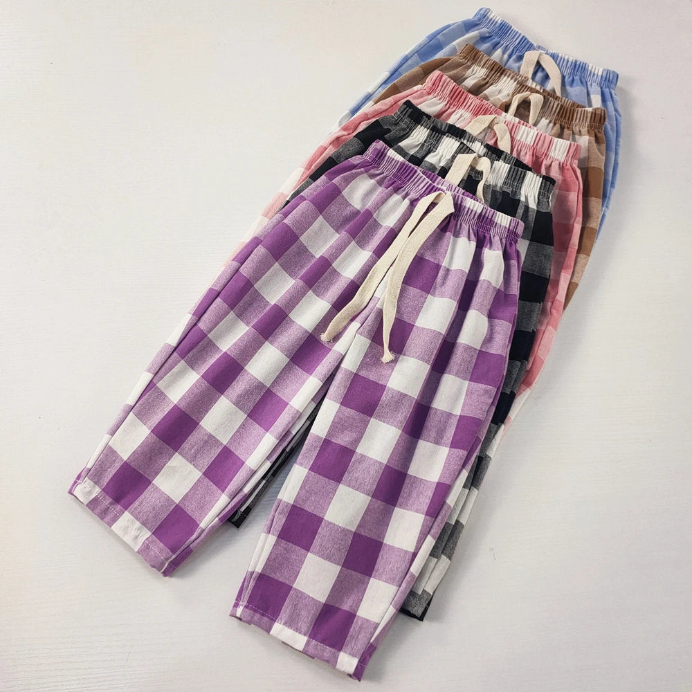 Spring Summer Kids Vintage Cotton Plaid Pant Boys Girls Loose Casual Pants Comfort Trousers For Girl Children's Clothing