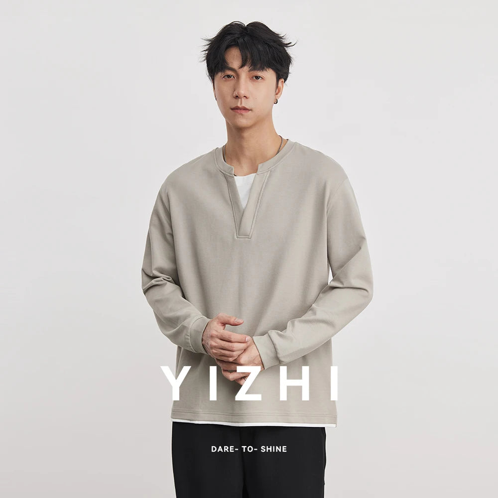 Japanese Simple Fake Two-piece Henry Collar Sweatshirt Men Spring Loose Long-sleeved T-shirt Casual Versatile Men's Clothing