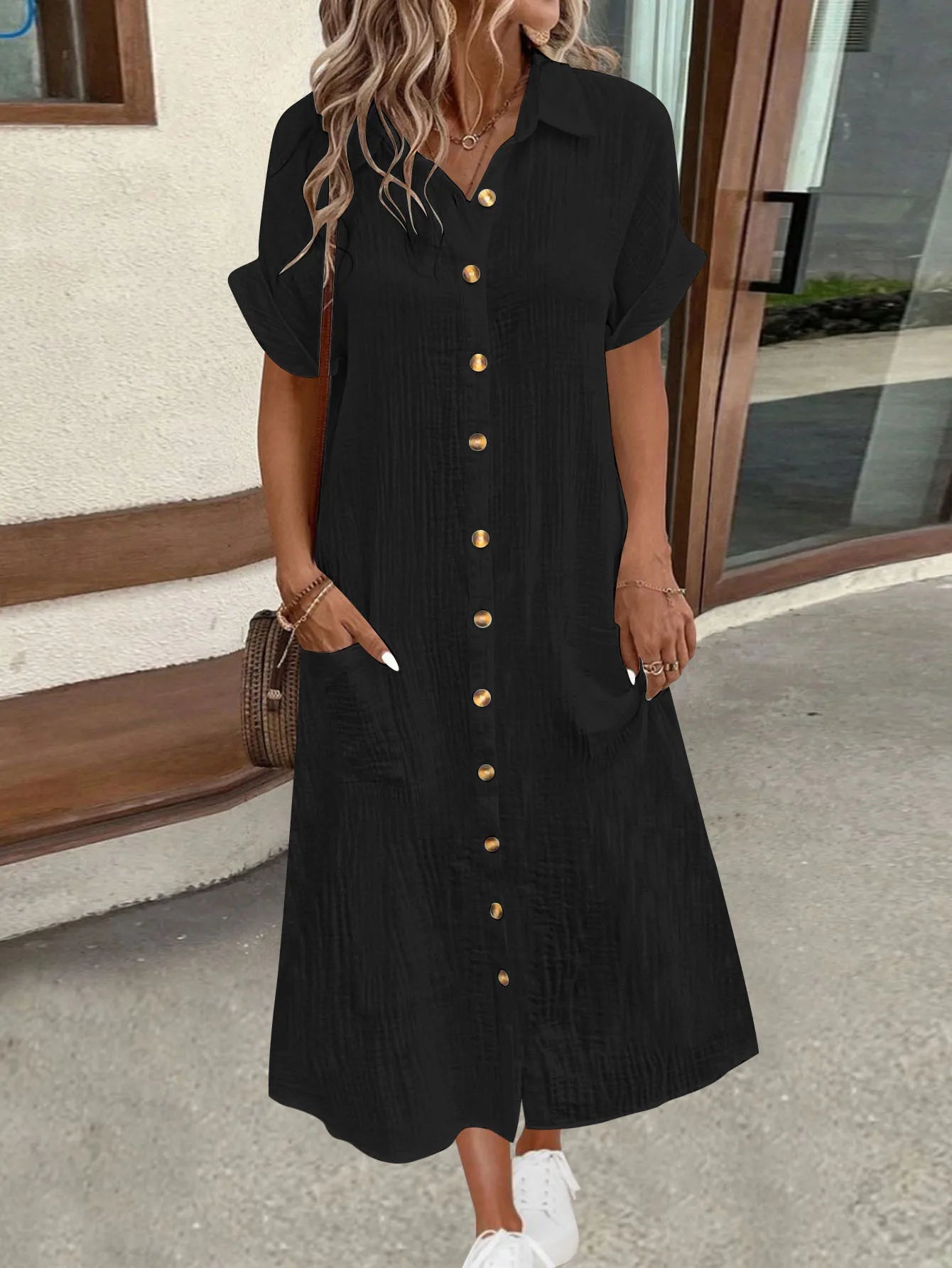 New European and American solid color shirt skirt spring and summer fashionable and comfortable women's short-sleeved long shirt