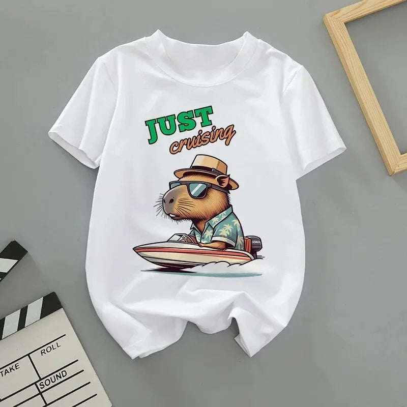 Summer Cartoon Cute Capybara Print Children T-shirt Short-sleeved Fashion Boys and Girls Round-neck Baby Kid Tshirt Trend