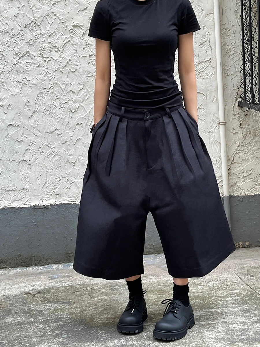 REDDACHiC Unisex Black Baggy Jorts Women Bloomers High Waist Pleated Front Plain Casual Extra-Wide Leg Short Pants Acubi Fashion