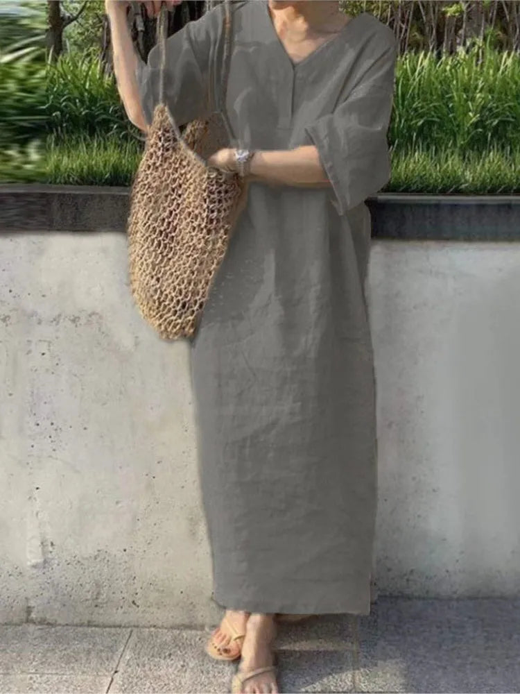 Casual Solid Color Cotton Linen Long Dresses Women Loose Short Sleeves V-neck Vintage Simple Style Lady Maxi Dress Summer New