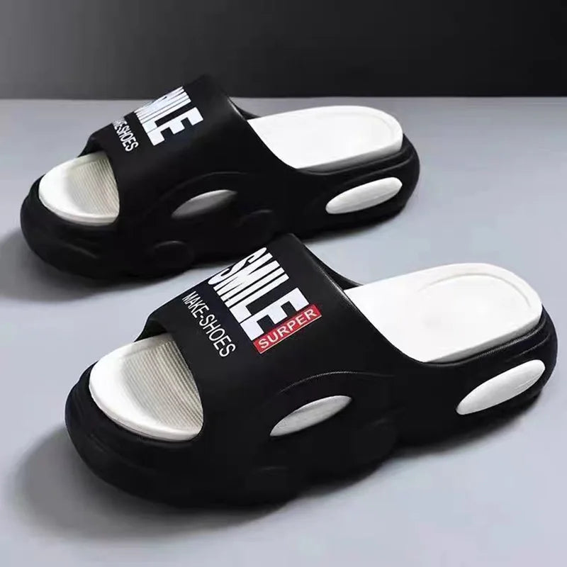 Men Thick Sole Summer Beach Slides Bathroom Anti Slip Slipper Soft Sandals Simplicity Ultra Light Letter Shoes Men Slippers