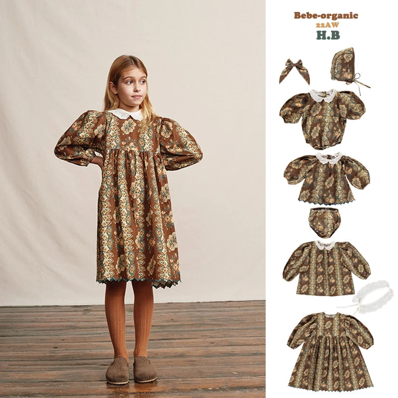 BebeO Baby Girls Long Sleeve Tops Suits Dress Rompers Hats Autumn Summer Retro Pattern Party Dress Kids Clothing Spring Dress