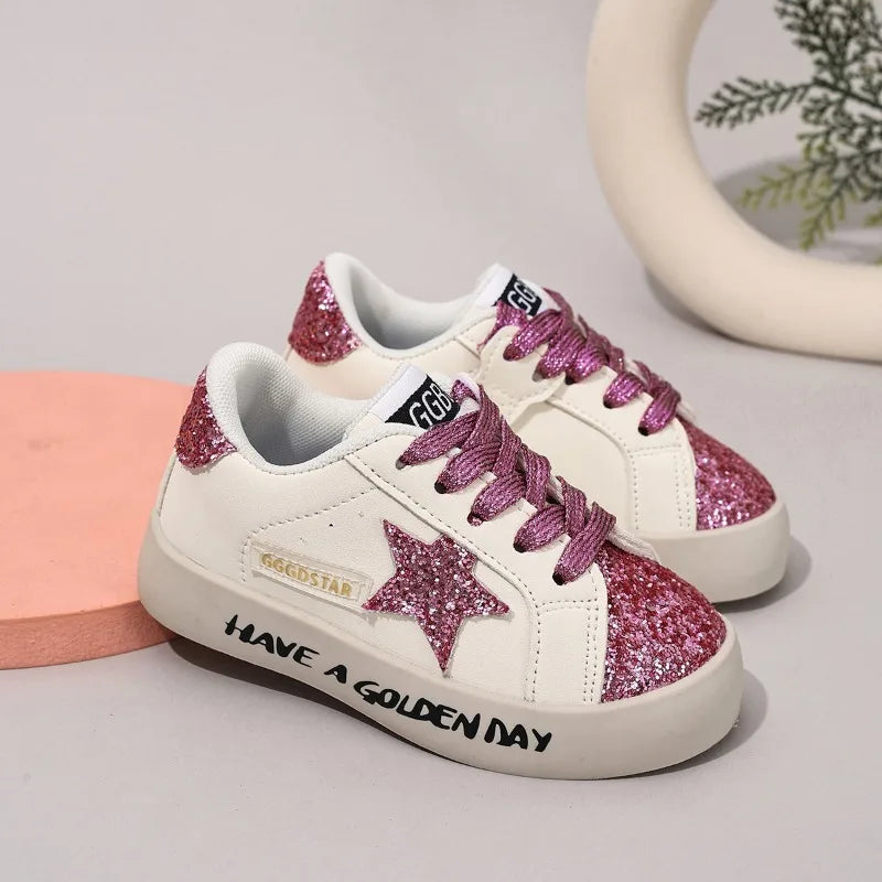 New Children's Sequined Sneakers Summer Girls Casual Shoes Fashionable Star Non-slip Shoes Comfortable Breathable and Non-slip.