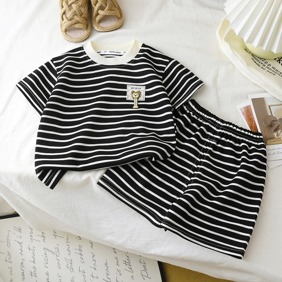 1Set Kid Clother Set Children Black White Stripe Print Short Sleeve T-Shirt Shorts Boy Girl Top Toddler Baby Leisure Sport Suits