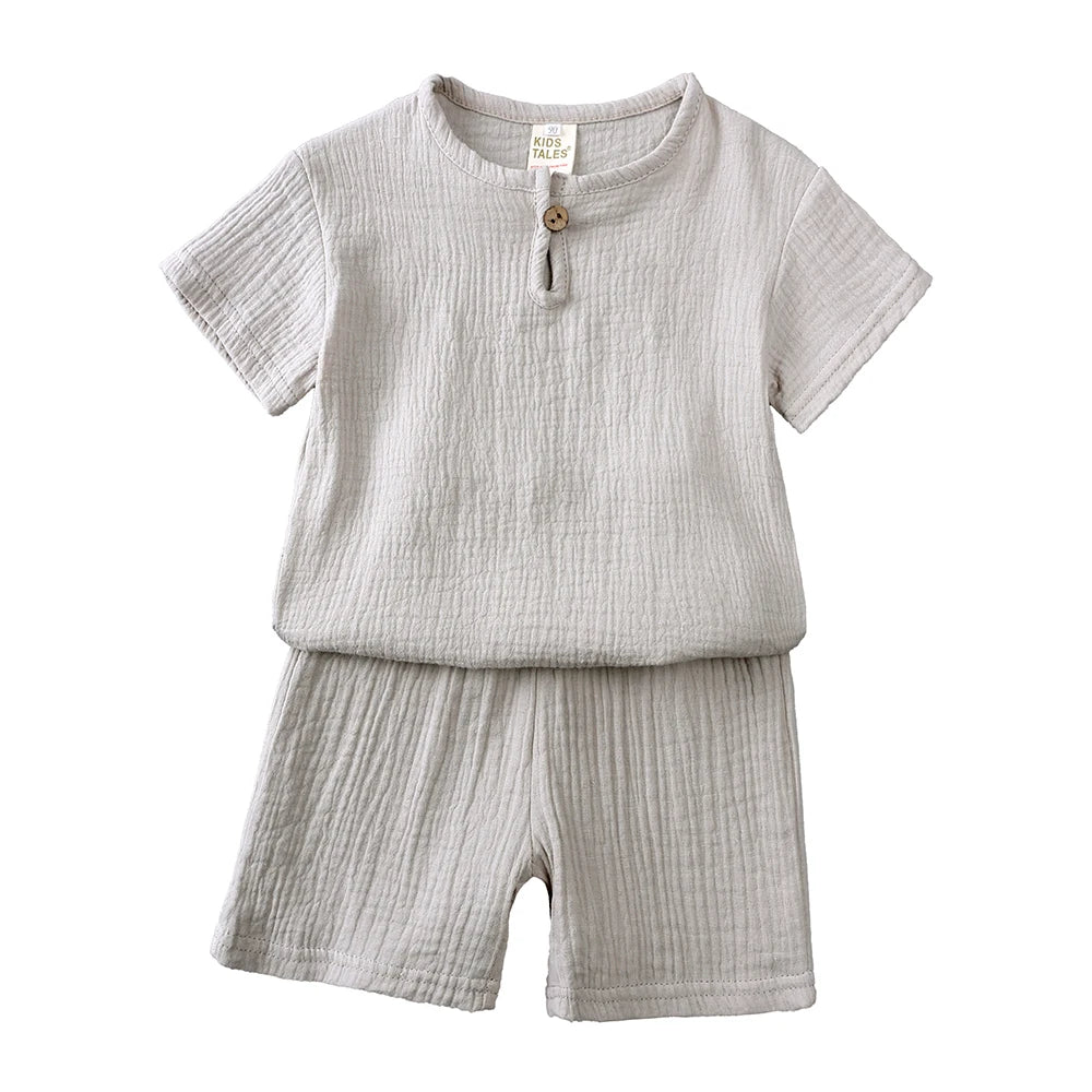 2026 Toddler Summer Boy Girl Outfits Cotton Linen Solid T-shirt Shorts Clothes For Children Korean Casual Breathable Clothes Set