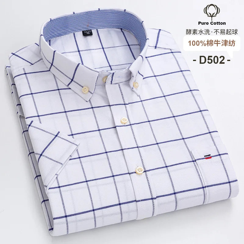 7XL Classic Men's Short Sleeve Shirt 100% Oxford Cotton Casual Plaid Stripe Shirt Business Men's Shirts Short Sleeve Large Size